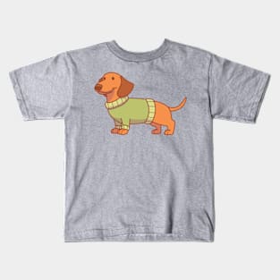 Red dachshund wearing a green sweater Kids T-Shirt